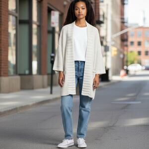 MADEWELL Women's Sz M Kimono Cream Open Front Knit Pockets Oversized Cardigan